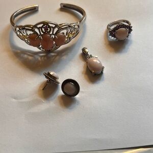 Set of Bracelet, Pendant, Ring and earings, Sterling Silver and Rose Quartz.